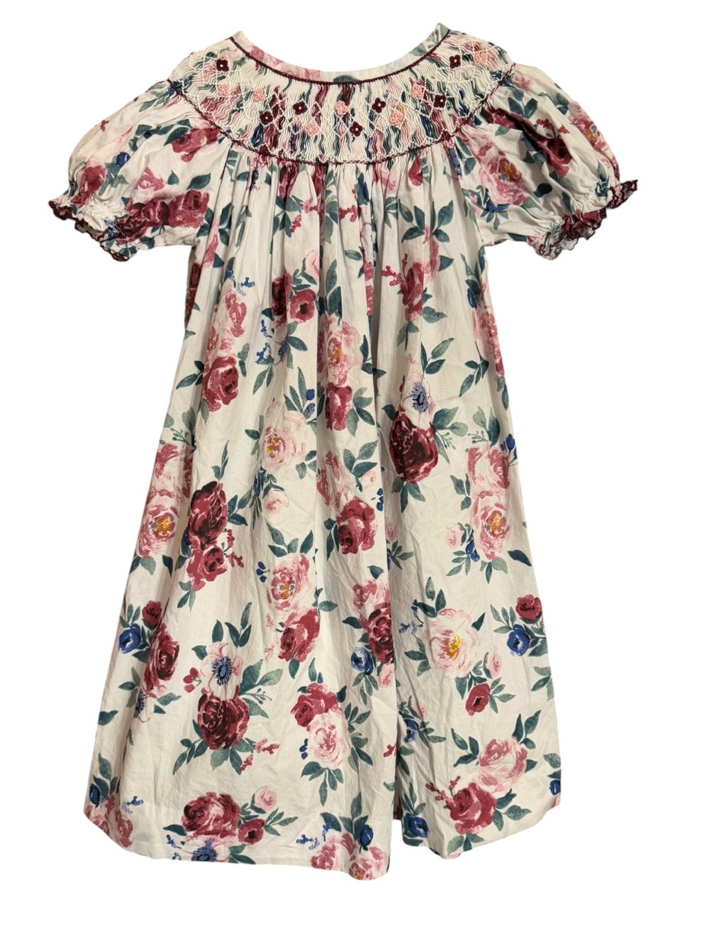 Three Sisters Floral Smocked Dress - Cream with Rose Print Size 4T